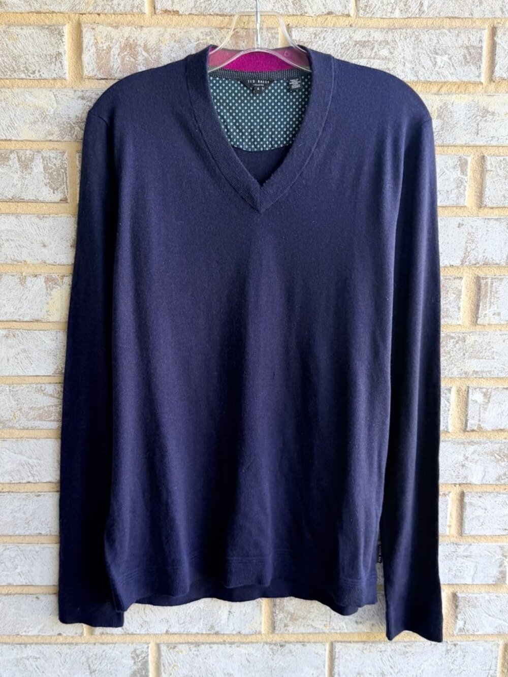 Ted Baker Navy Blue Long Sleeve V-Neck Wool Blend Pullover Sweater Size 4 (L)